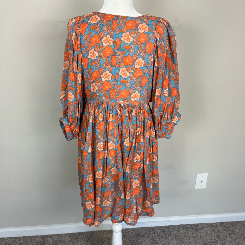 SUNDRY FLORAL MINI SHIFT DRESS SIZE 2 (MEDIUM) SLEEVES ORANGE AND BLUE - Picture 11 of 16